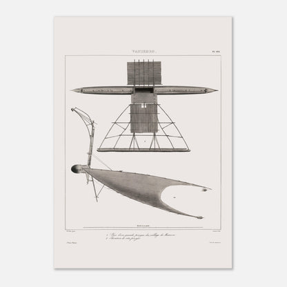 Gravure de pirogues traditionnelles du port de Dorey, Nouvelle-Guinée (42x59,4 cm (A2)). Gravure ancienne de pirogues du port de Dorey en Nouvelle-Guinée, incluant une pirogue à balancier avec une structure complexe.
