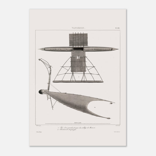 Gravure de pirogues traditionnelles du port de Dorey, Nouvelle-Guinée (42x59,4 cm (A2)). Gravure ancienne de pirogues du port de Dorey en Nouvelle-Guinée, incluant une pirogue à balancier avec une structure complexe.
