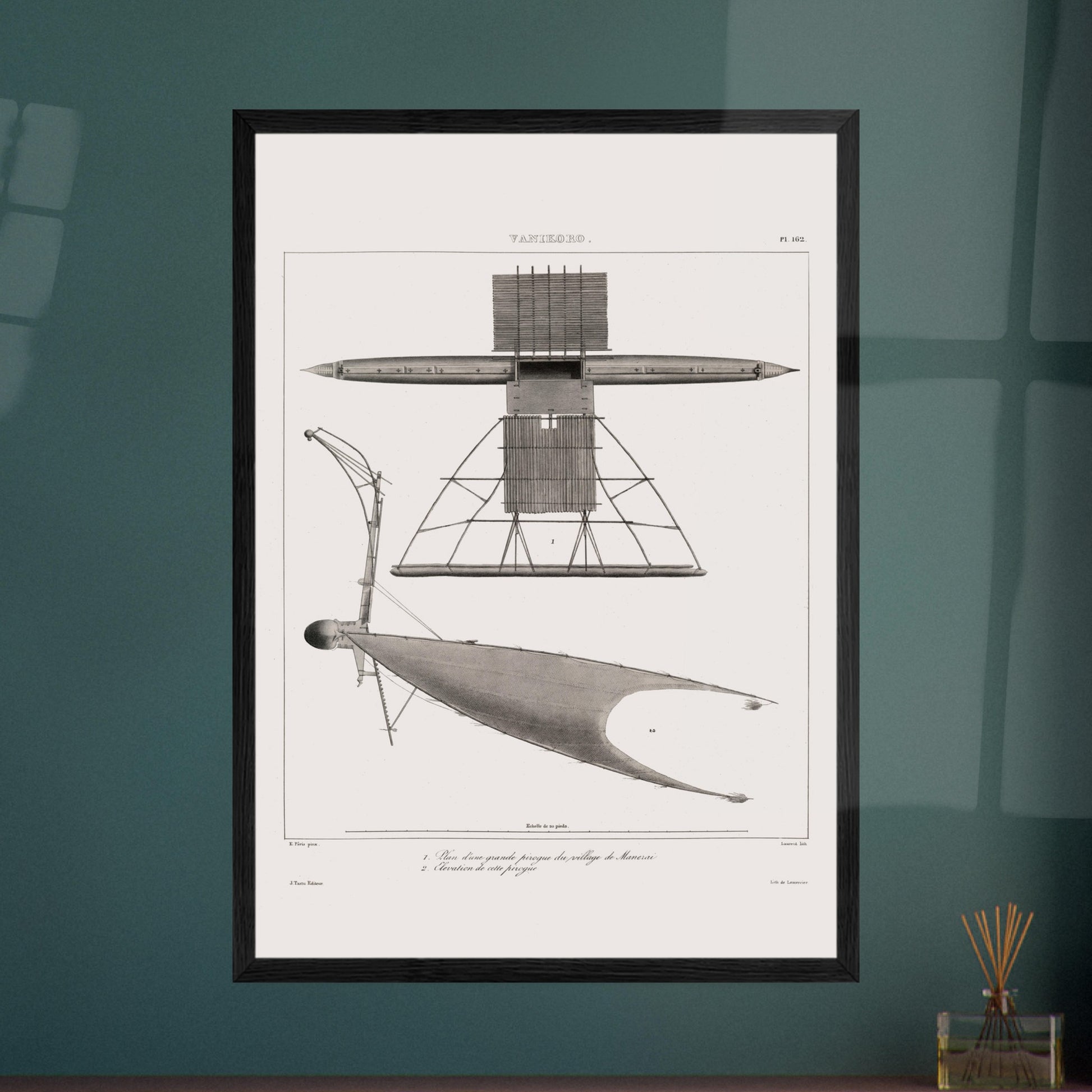 Gravure de pirogues traditionnelles du port de Dorey, Nouvelle-Guinée. Gravure ancienne de pirogues du port de Dorey en Nouvelle-Guinée, incluant une pirogue à balancier avec une structure complexe. Image d'illustration 5
