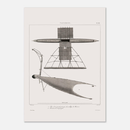 Gravure de pirogues traditionnelles du port de Dorey, Nouvelle-Guinée (50x70 cm). Gravure ancienne de pirogues du port de Dorey en Nouvelle-Guinée, incluant une pirogue à balancier avec une structure complexe.