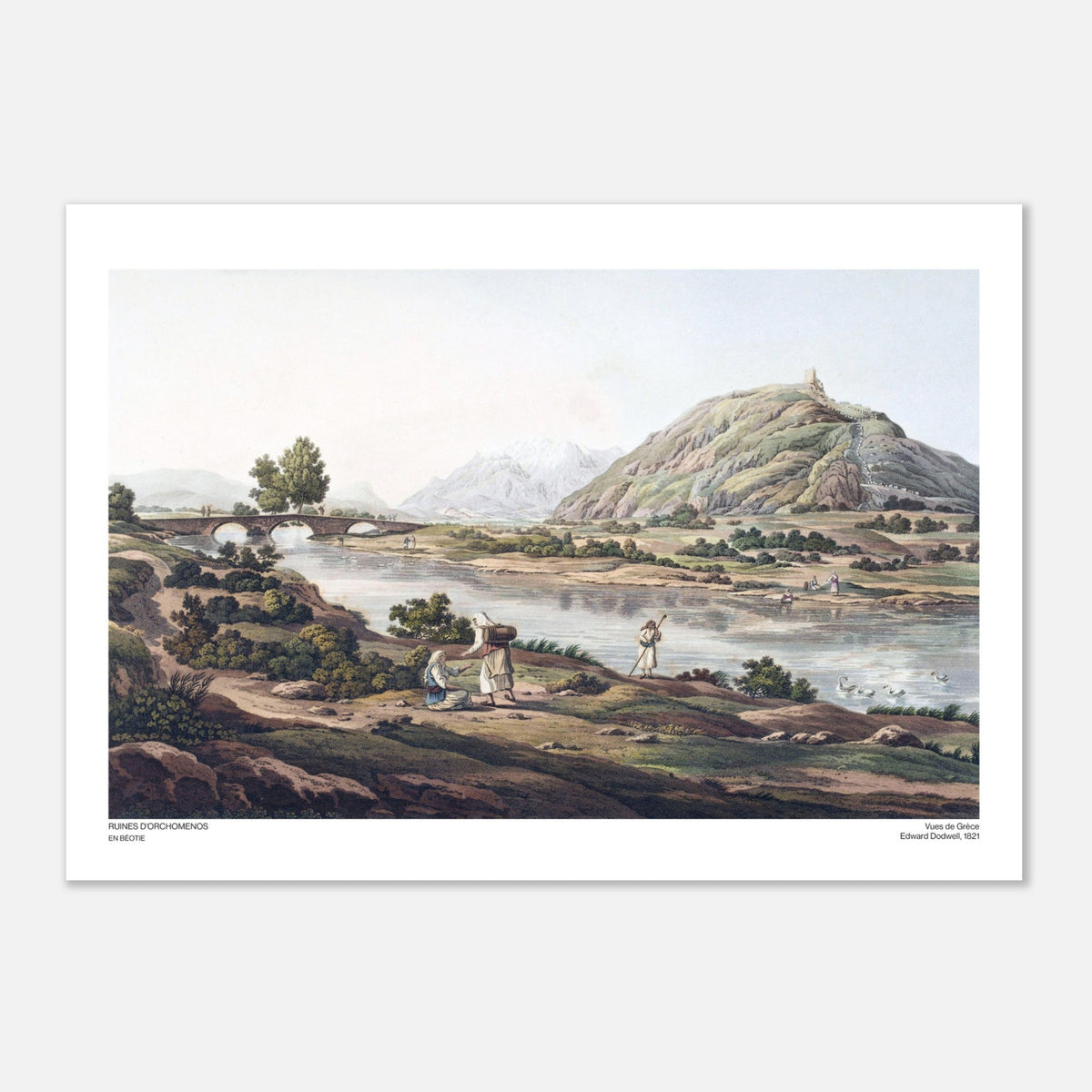 Incisione delle rovine di Orcomeno in Beozia di Edward Dodwell (42x59,4 cm (A2)). Antica incisione intitolata "Rovine di Orcomeno, in Beozia", che presenta un paesaggio fluviale con un ponte ad arco e rovine in lontananza su una collina.