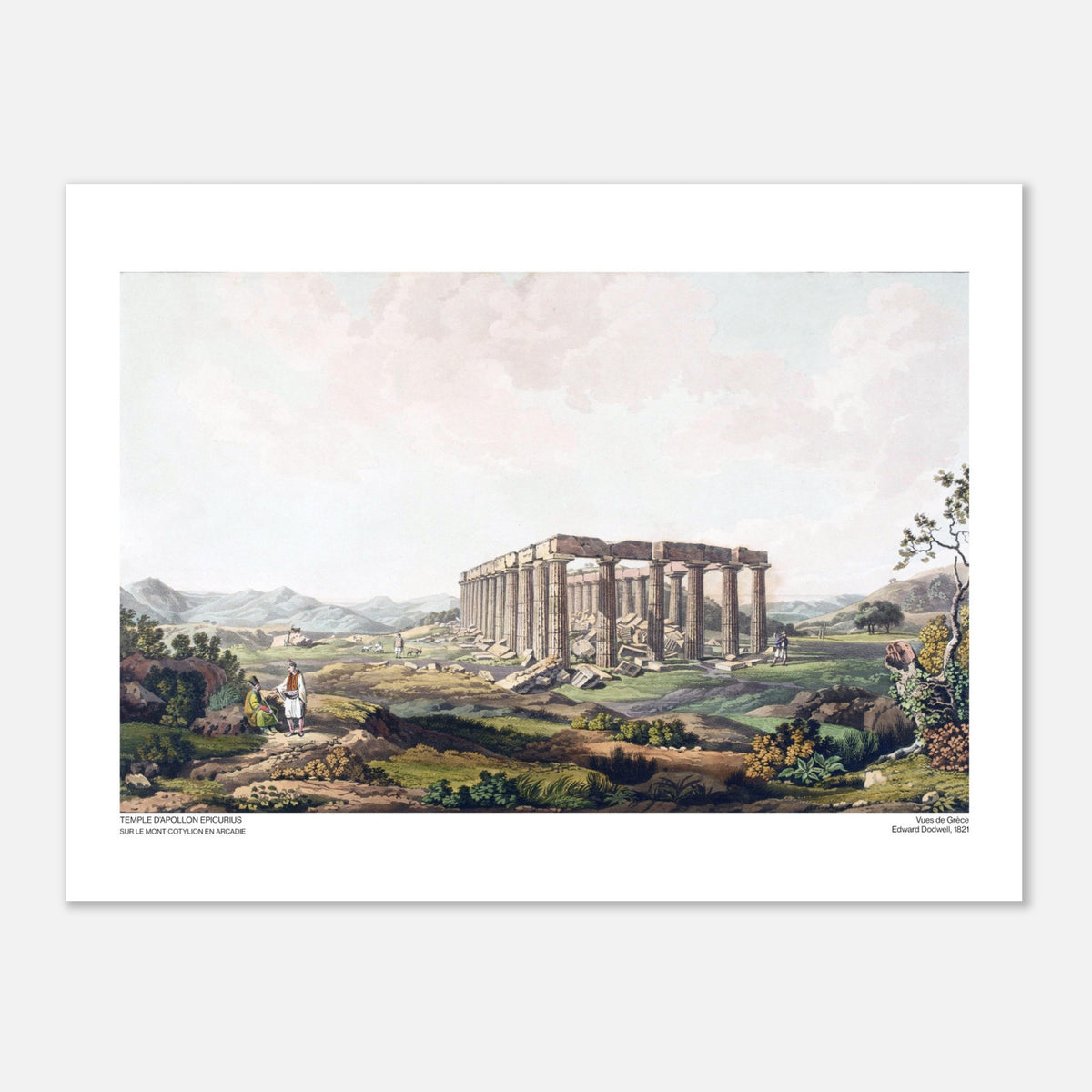 Incisione del Tempio di Apollo Epicurio in Arcadia di Edward Dodwell (30x40 cm). Le rovine del tempio di Apollo Epicurio, con le colonne ancora in piedi e detriti sparsi su un terreno collinare.