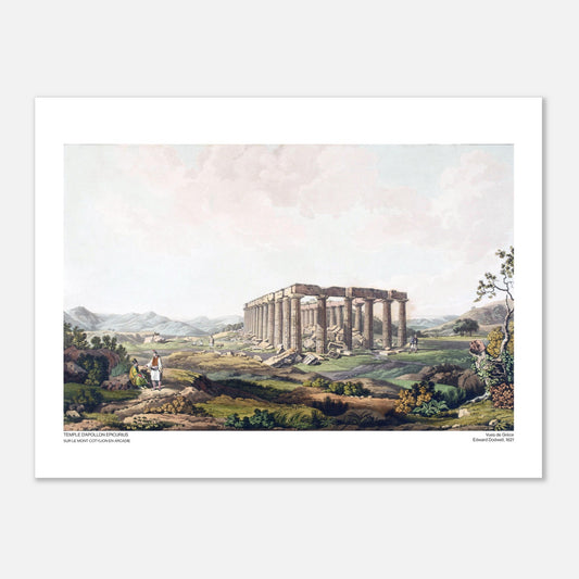 Incisione del Tempio di Apollo Epicurio in Arcadia di Edward Dodwell (30x40 cm). Le rovine del tempio di Apollo Epicurio, con le colonne ancora in piedi e detriti sparsi su un terreno collinare.