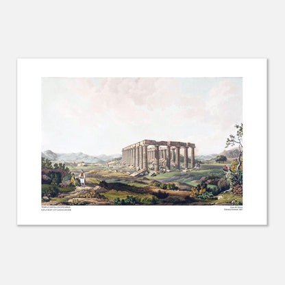 Incisione del Tempio di Apollo Epicurio in Arcadia di Edward Dodwell (40x60 cm). Le rovine del tempio di Apollo Epicurio, con le colonne ancora in piedi e detriti sparsi su un terreno collinare.