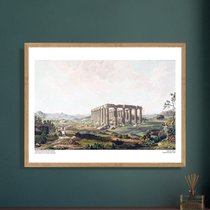 Incisione del Tempio di Apollo Epicurio in Arcadia di Edward Dodwell. Le rovine del tempio di Apollo Epicurio, con le colonne ancora in piedi e detriti sparsi su un terreno collinare.