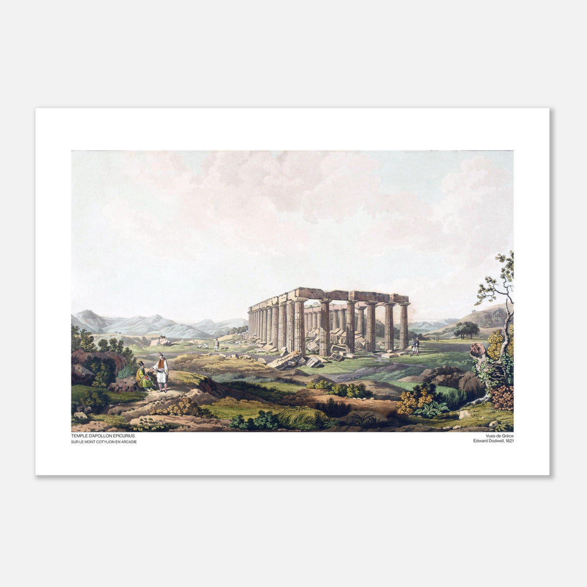 Incisione del Tempio di Apollo Epicurio in Arcadia di Edward Dodwell (50x70 cm). Le rovine del tempio di Apollo Epicurio, con le colonne ancora in piedi e detriti sparsi su un terreno collinare.