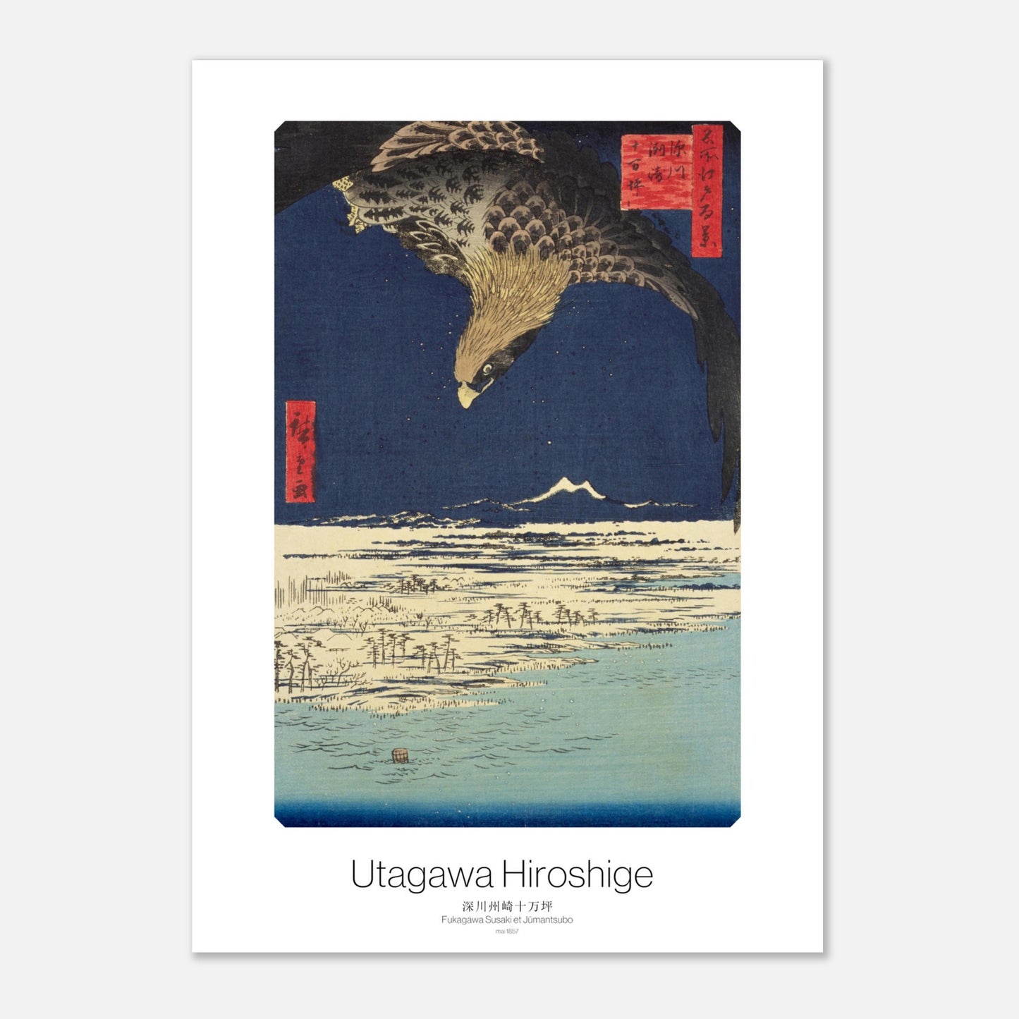Gravure ukiyo-e : Fukagawa Susaki et Jumantsubo par Hiroshige (21x29,7 cm (A4)). Gravure ukiyo-e de Hiroshige montrant un rapace planant au-dessus d'une étendue d'eau au crépuscule, avec des silhouettes d'arbres et une montagne au loin.