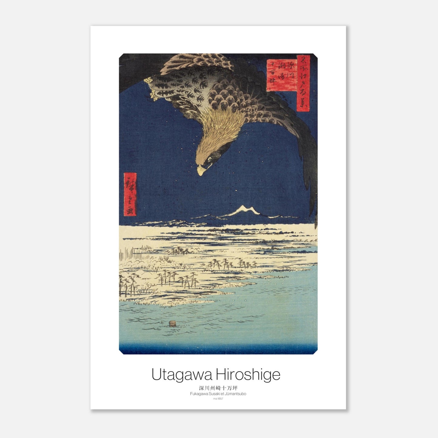 Gravure ukiyo-e : Fukagawa Susaki et Jumantsubo par Hiroshige (30x45 cm). Gravure ukiyo-e de Hiroshige montrant un rapace planant au-dessus d'une étendue d'eau au crépuscule, avec des silhouettes d'arbres et une montagne au loin.