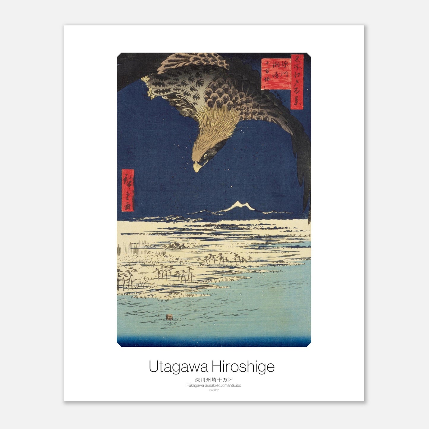 Gravure ukiyo-e : Fukagawa Susaki et Jumantsubo par Hiroshige (40x50 cm). Gravure ukiyo-e de Hiroshige montrant un rapace planant au-dessus d'une étendue d'eau au crépuscule, avec des silhouettes d'arbres et une montagne au loin.