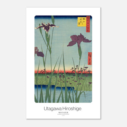Gravure ukiyo-e : Le jardin d'iris de Horikiri - Utagawa Hiroshige (30x45 cm). Gravure sur bois japonaise représentant un jardin d'iris aux couleurs violettes et vertes, avec de l'eau au premier plan et un ciel orangé à l'horizon.