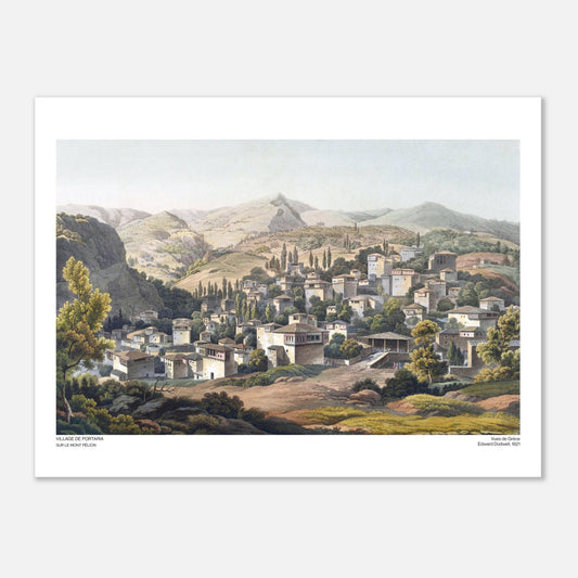 Il villaggio di Portaria sul Monte Pelio, incisione di E. Dodwell (30x40 cm). Vista di un pittoresco villaggio chiamato Portaria, situato su una collina verdeggiante con montagne sullo sfondo.