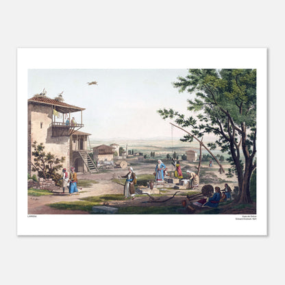 Vista di Larissa in Tessaglia, antica tavola di Edward Dodwell (30x40 cm). Antica incisione intitolata "Larissa", che raffigura una scena di vita quotidiana davanti a una torre con cicogne appollaiate sul tetto e persone vicino a un pozzo.