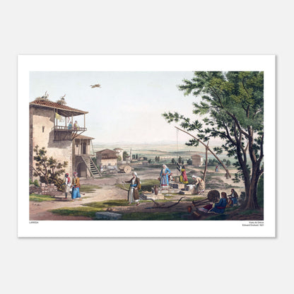 Vista di Larissa in Tessaglia, antica tavola di Edward Dodwell (42x59,4 cm (A2)). Antica incisione intitolata "Larissa", che raffigura una scena di vita quotidiana davanti a una torre con cicogne appollaiate sul tetto e persone vicino a un pozzo.