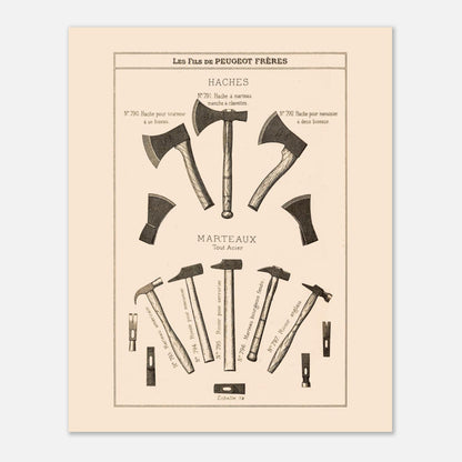 Planche de haches et marteaux de menuiserie, Peugeot Frères 1885. Gravure du catalogue Peugeot Frères illustrant divers types de haches et de marteaux, avec leurs numéros et descriptions. Image d'illustration 4