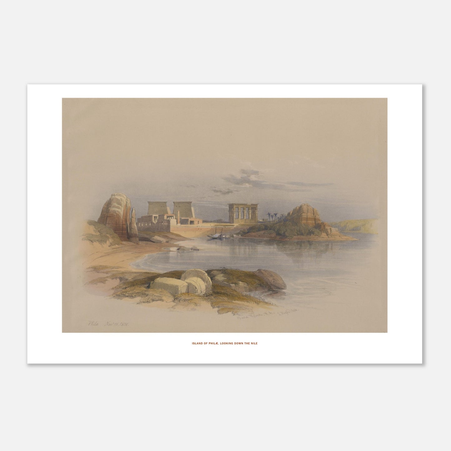 Planche ancienne : Île de Philæ, vue vers le Nil - David Roberts (21x29,7 cm (A4)). Lithographie d'une scène sur l'île de Philæ, montrant des temples égyptiens antiques et le Nil