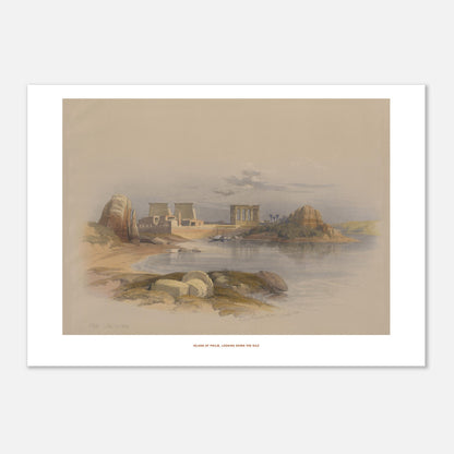 Planche ancienne : Île de Philæ, vue vers le Nil - David Roberts (21x29,7 cm (A4)). Lithographie d'une scène sur l'île de Philæ, montrant des temples égyptiens antiques et le Nil