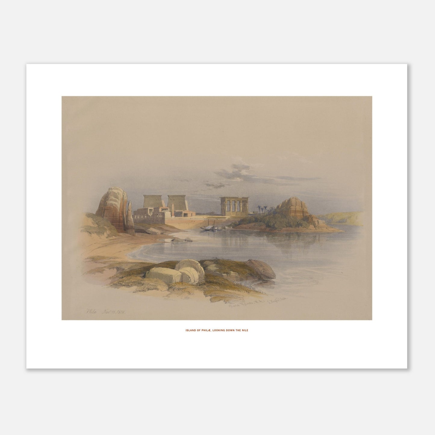 Planche ancienne : Île de Philæ, vue vers le Nil - David Roberts (40x50 cm). Lithographie d'une scène sur l'île de Philæ, montrant des temples égyptiens antiques et le Nil