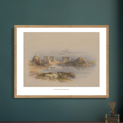 Planche ancienne : Île de Philæ, vue vers le Nil - David Roberts. Lithographie d'une scène sur l'île de Philæ, montrant des temples égyptiens antiques et le Nil Image d'illustration 6