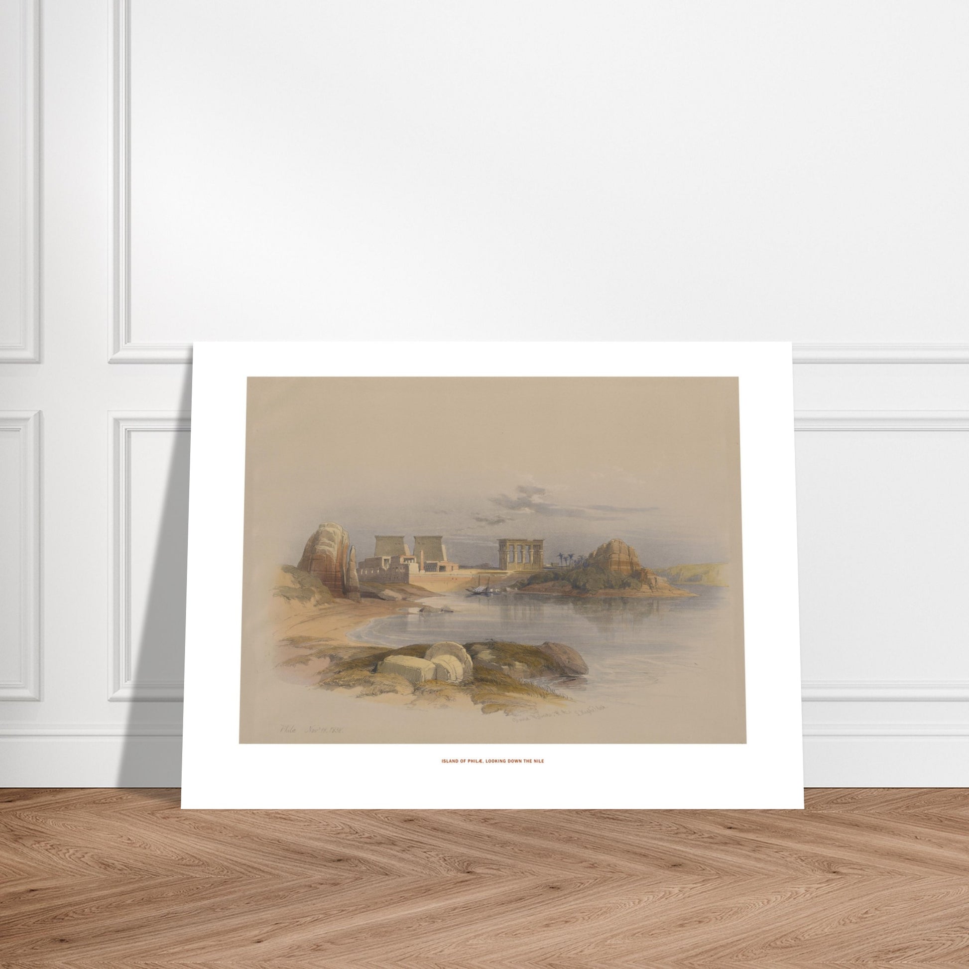 Planche ancienne : Île de Philæ, vue vers le Nil - David Roberts. Lithographie d'une scène sur l'île de Philæ, montrant des temples égyptiens antiques et le Nil Image d'illustration 7