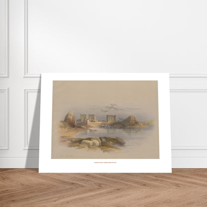Planche ancienne : Île de Philæ, vue vers le Nil - David Roberts. Lithographie d'une scène sur l'île de Philæ, montrant des temples égyptiens antiques et le Nil Image d'illustration 7