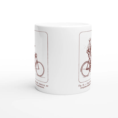 Antica illustrazione di ciclista: Il senza mani. Tazza bianca decorata con un'illustrazione retrò monocroma rossa che raffigura un ciclista in abito che lascia il manubrio, accompagnata dalla didascalia esplicativa 'Une position assez ridicule et toujours dangereuse : le lâche-mains'.