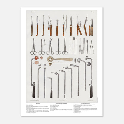 Illustration ancienne d'instruments de chirurgie et cautères (30x40 cm). Planche d'instruments chirurgicaux anciens, incluant divers bistouris, ciseaux, pinces et cautères métalliques.
