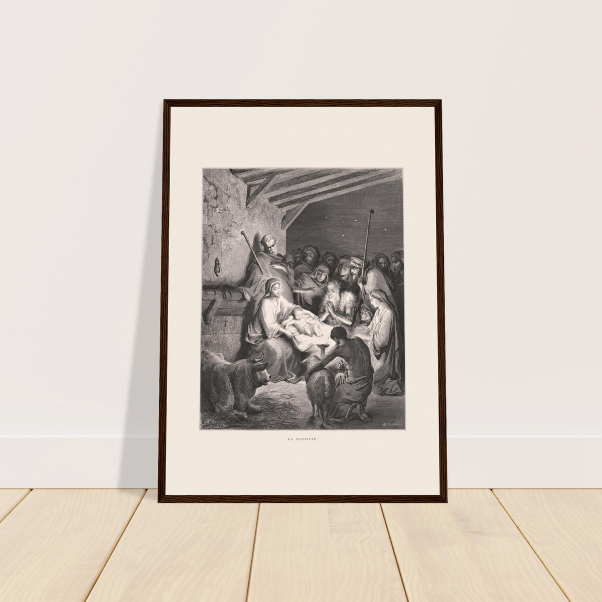 Antike Illustration Die Geburt Christi von Gustave Doré. Stich von Gustave Dore, der die Geburt Christi mit Maria, Joseph, Tieren und Engeln in einem Stall darstellt.