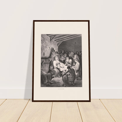 Antike Illustration Die Geburt Christi von Gustave Doré. Stich von Gustave Dore, der die Geburt Christi mit Maria, Joseph, Tieren und Engeln in einem Stall darstellt.