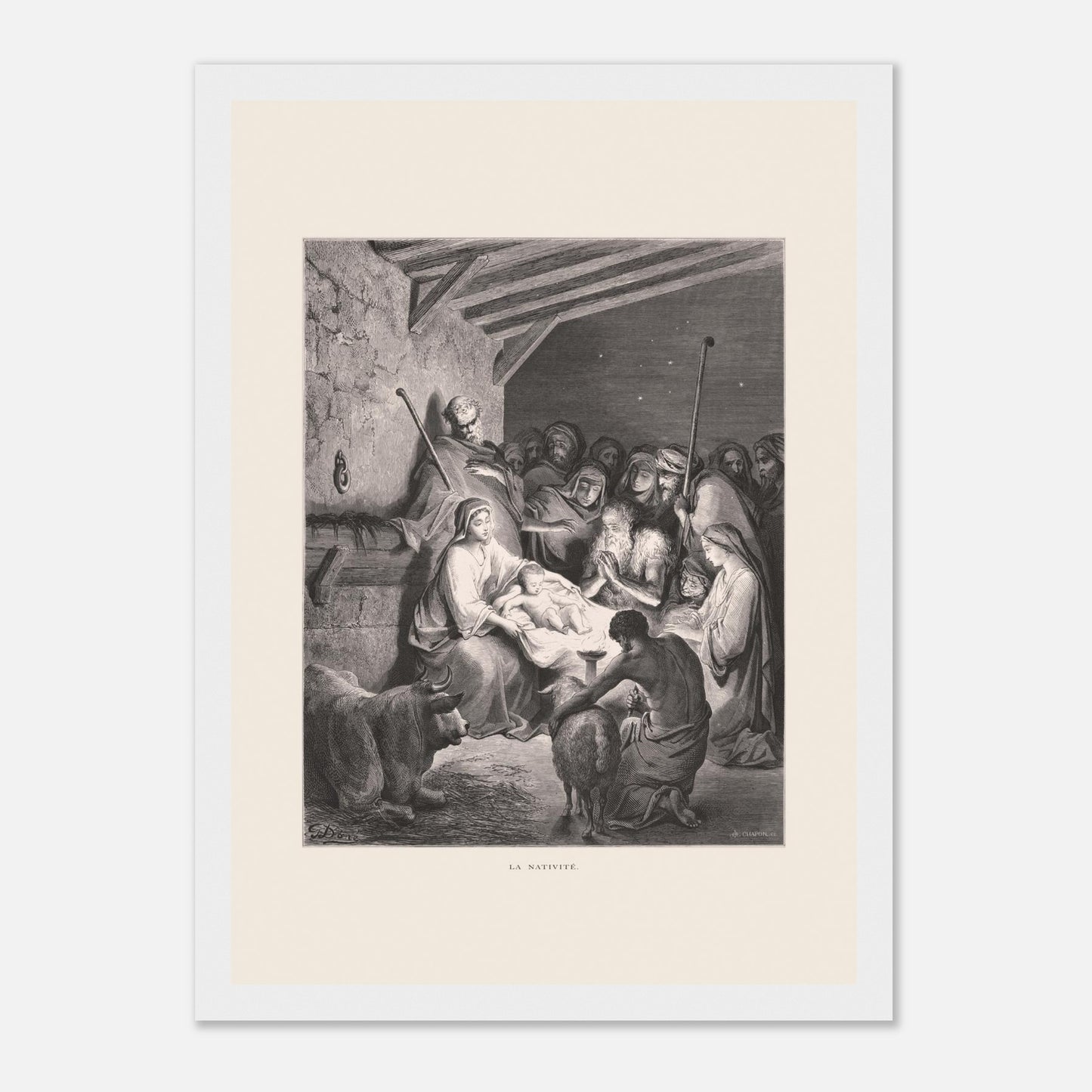 Illustration ancienne La Nativité par Gustave Doré (21x29,7 cm (A4) / Cadre blanc). Gravure de Gustave Doré représentant La Nativité avec Marie, Joseph, des animaux et des anges dans une étable.