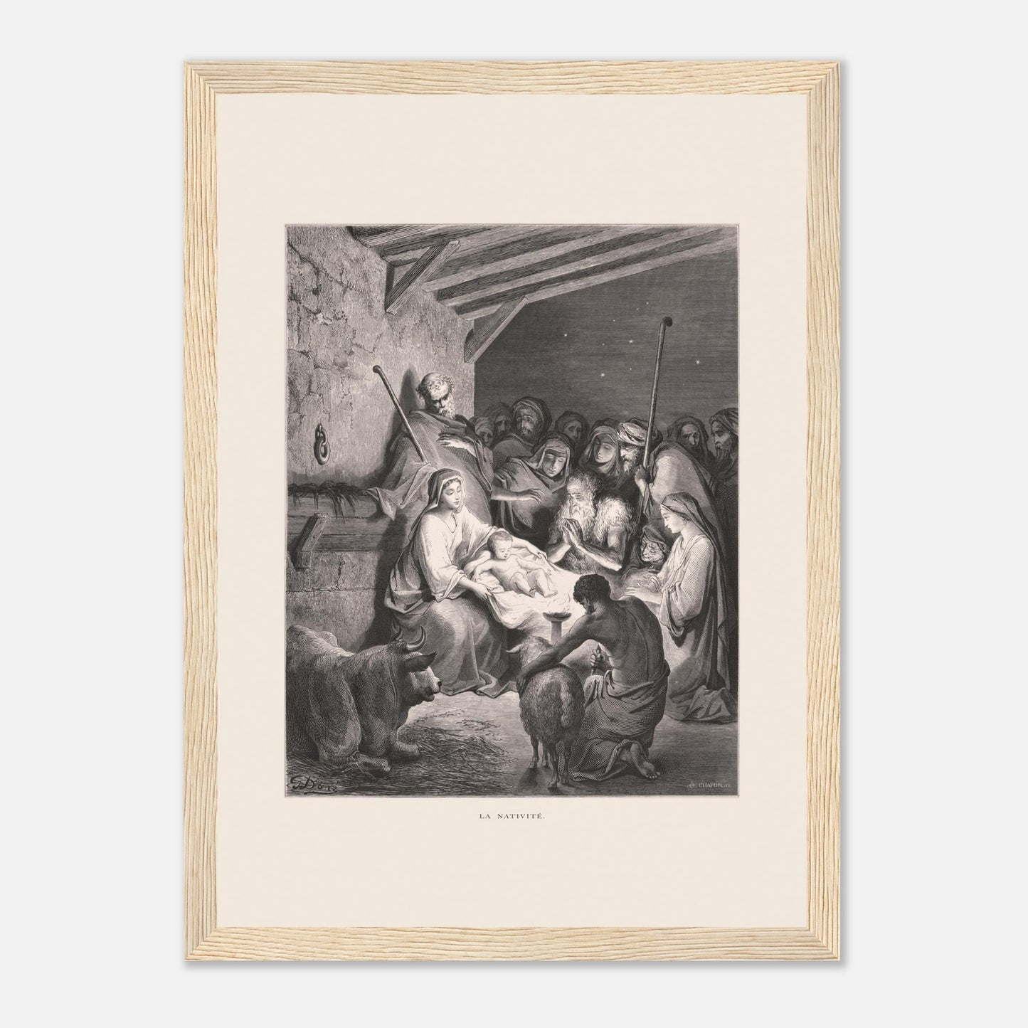 Illustration ancienne La Nativité par Gustave Doré (21x29,7 cm (A4) / Cadre bois clair). Gravure de Gustave Doré représentant La Nativité avec Marie, Joseph, des animaux et des anges dans une étable.
