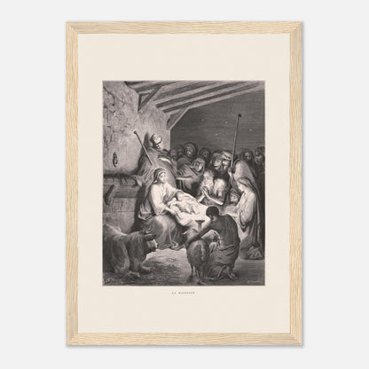Illustration ancienne La Nativité par Gustave Doré (21x29,7 cm (A4) / Cadre bois clair). Gravure de Gustave Doré représentant La Nativité avec Marie, Joseph, des animaux et des anges dans une étable.
