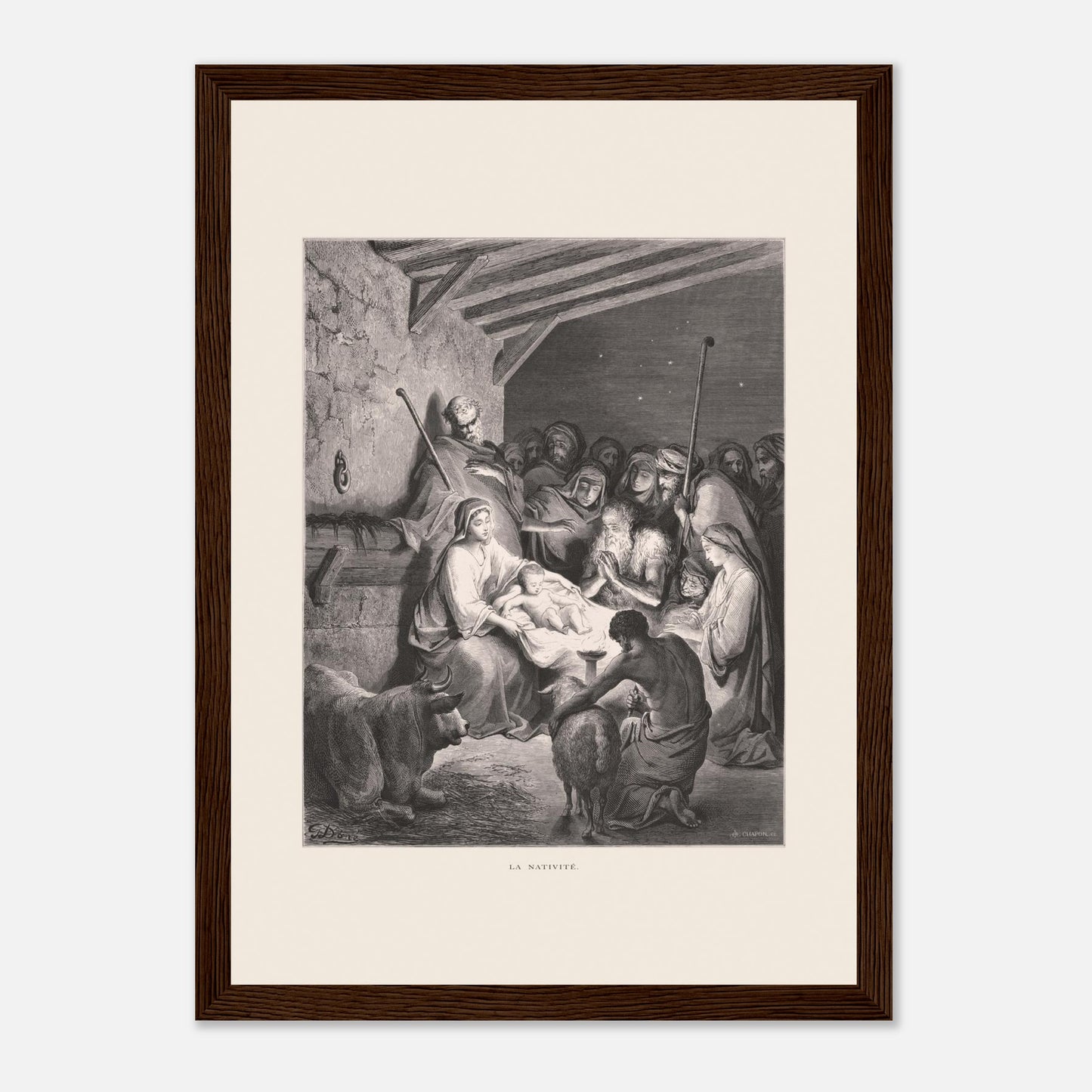 Illustration ancienne La Nativité par Gustave Doré (21x29,7 cm (A4) / Cadre bois foncé). Gravure de Gustave Doré représentant La Nativité avec Marie, Joseph, des animaux et des anges dans une étable.