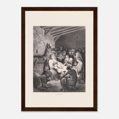 Illustration ancienne La Nativité par Gustave Doré (21x29,7 cm (A4) / Cadre bois foncé). Gravure de Gustave Doré représentant La Nativité avec Marie, Joseph, des animaux et des anges dans une étable.