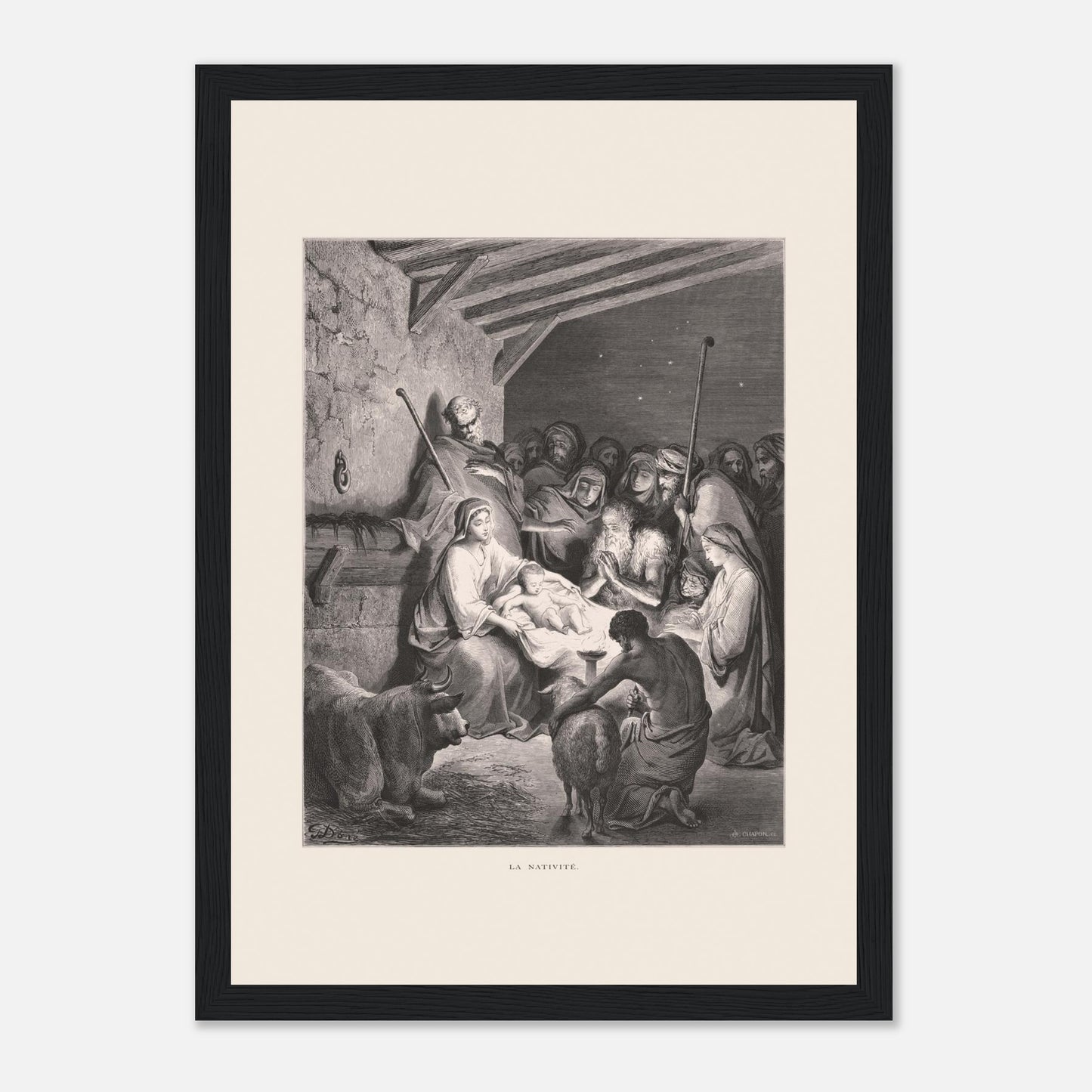 Illustration ancienne La Nativité par Gustave Doré (21x29,7 cm (A4) / Cadre noir). Gravure de Gustave Doré représentant La Nativité avec Marie, Joseph, des animaux et des anges dans une étable.