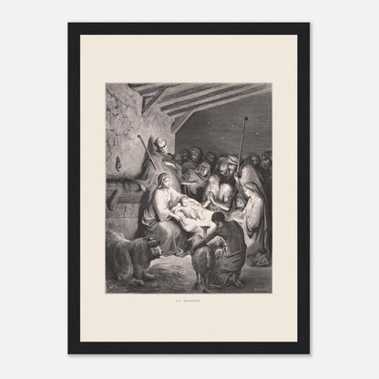 Illustration ancienne La Nativité par Gustave Doré (21x29,7 cm (A4) / Cadre noir). Gravure de Gustave Doré représentant La Nativité avec Marie, Joseph, des animaux et des anges dans une étable.