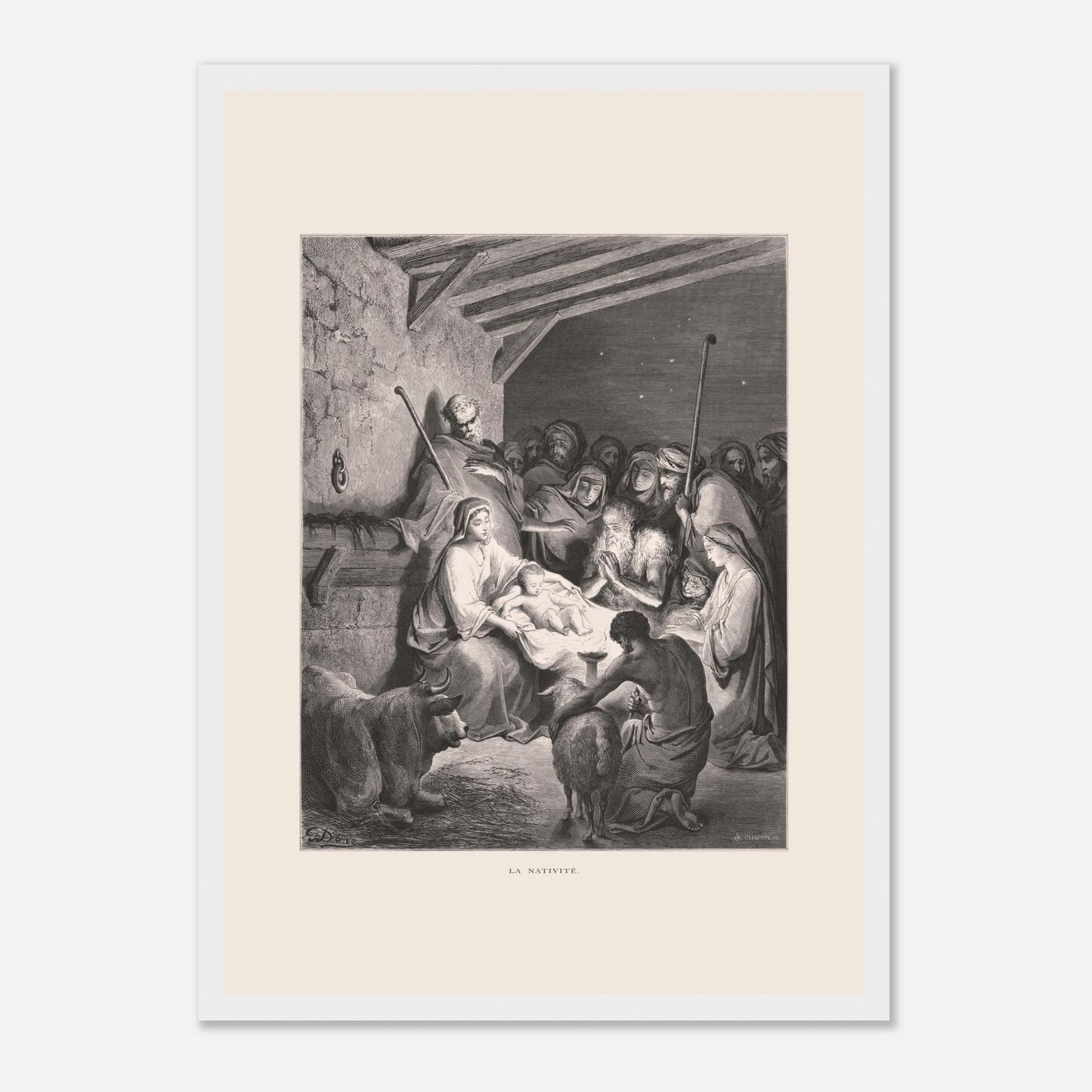 Illustration ancienne La Nativité par Gustave Doré (29,7x42 cm (A3) / Cadre blanc). Gravure de Gustave Doré représentant La Nativité avec Marie, Joseph, des animaux et des anges dans une étable.