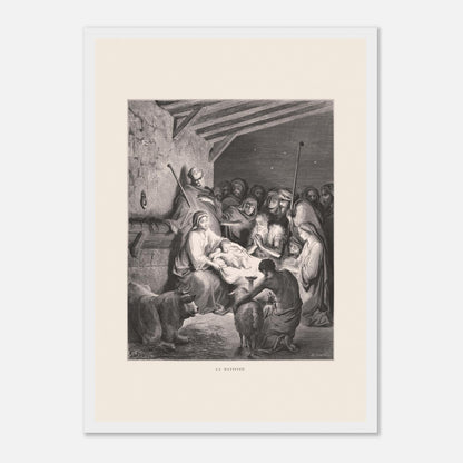 Illustration ancienne La Nativité par Gustave Doré (29,7x42 cm (A3) / Cadre blanc). Gravure de Gustave Doré représentant La Nativité avec Marie, Joseph, des animaux et des anges dans une étable.