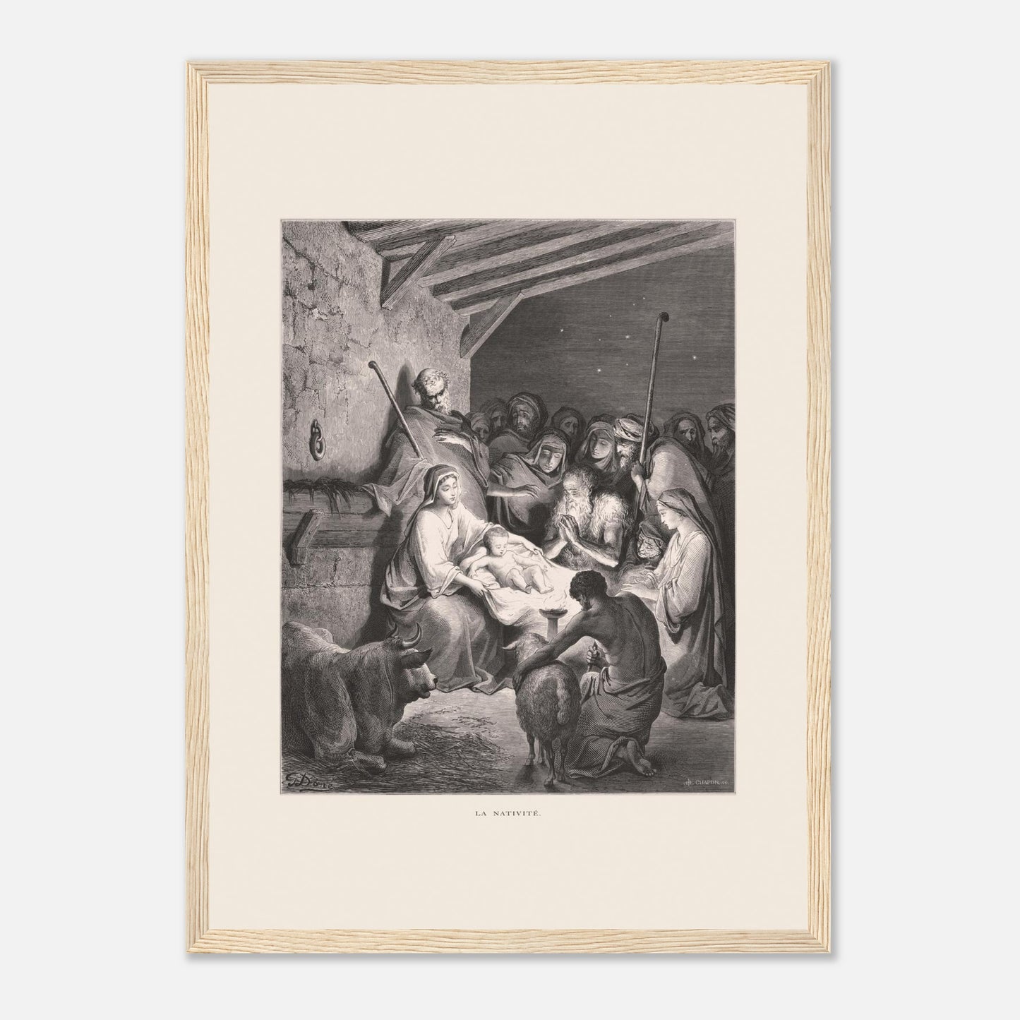 Illustration ancienne La Nativité par Gustave Doré (29,7x42 cm (A3) / Cadre bois clair). Gravure de Gustave Doré représentant La Nativité avec Marie, Joseph, des animaux et des anges dans une étable.