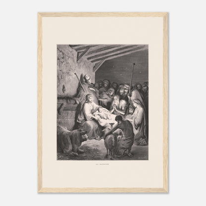 Illustration ancienne La Nativité par Gustave Doré (29,7x42 cm (A3) / Cadre bois clair). Gravure de Gustave Doré représentant La Nativité avec Marie, Joseph, des animaux et des anges dans une étable.