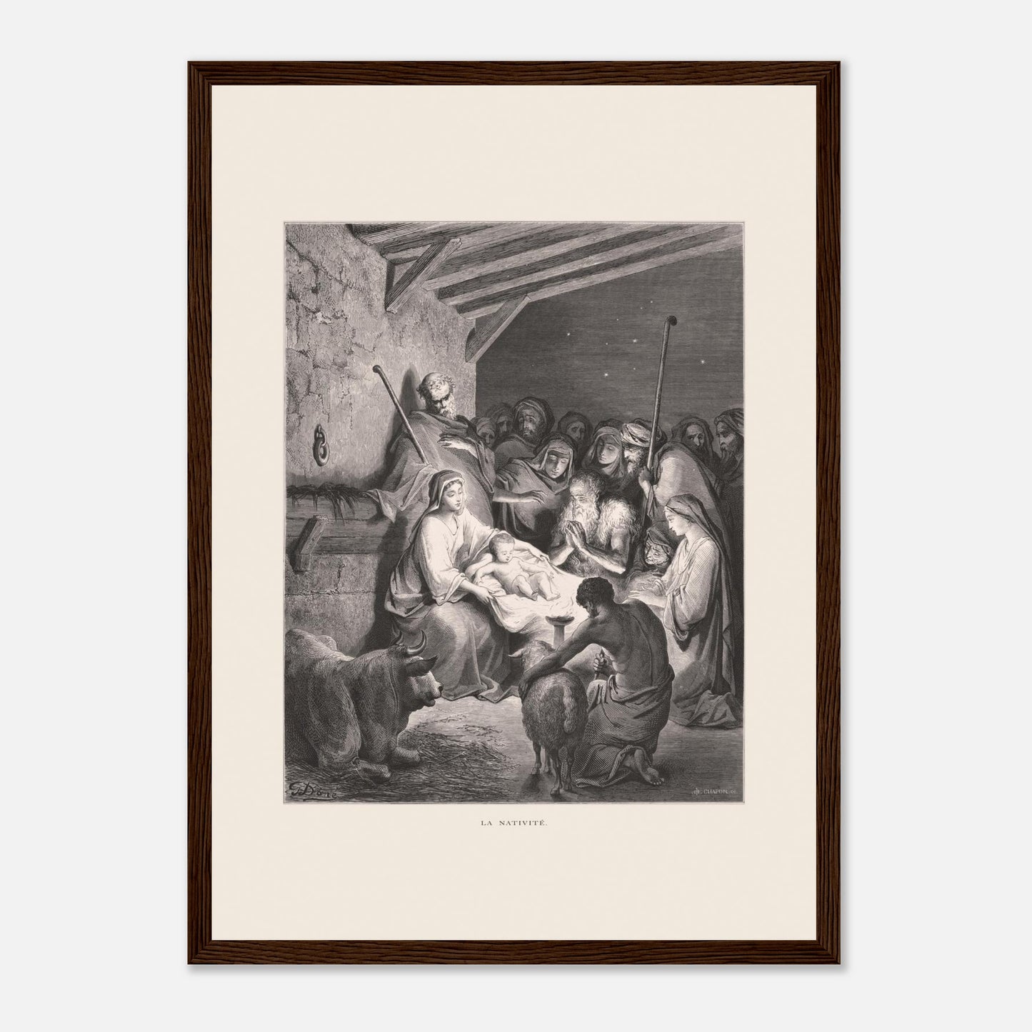 Illustration ancienne La Nativité par Gustave Doré (29,7x42 cm (A3) / Cadre bois foncé). Gravure de Gustave Doré représentant La Nativité avec Marie, Joseph, des animaux et des anges dans une étable.