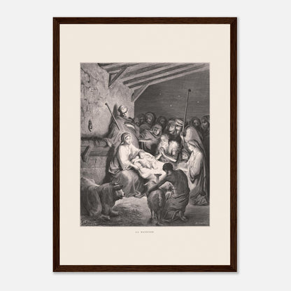 Illustration ancienne La Nativité par Gustave Doré (29,7x42 cm (A3) / Cadre bois foncé). Gravure de Gustave Doré représentant La Nativité avec Marie, Joseph, des animaux et des anges dans une étable.