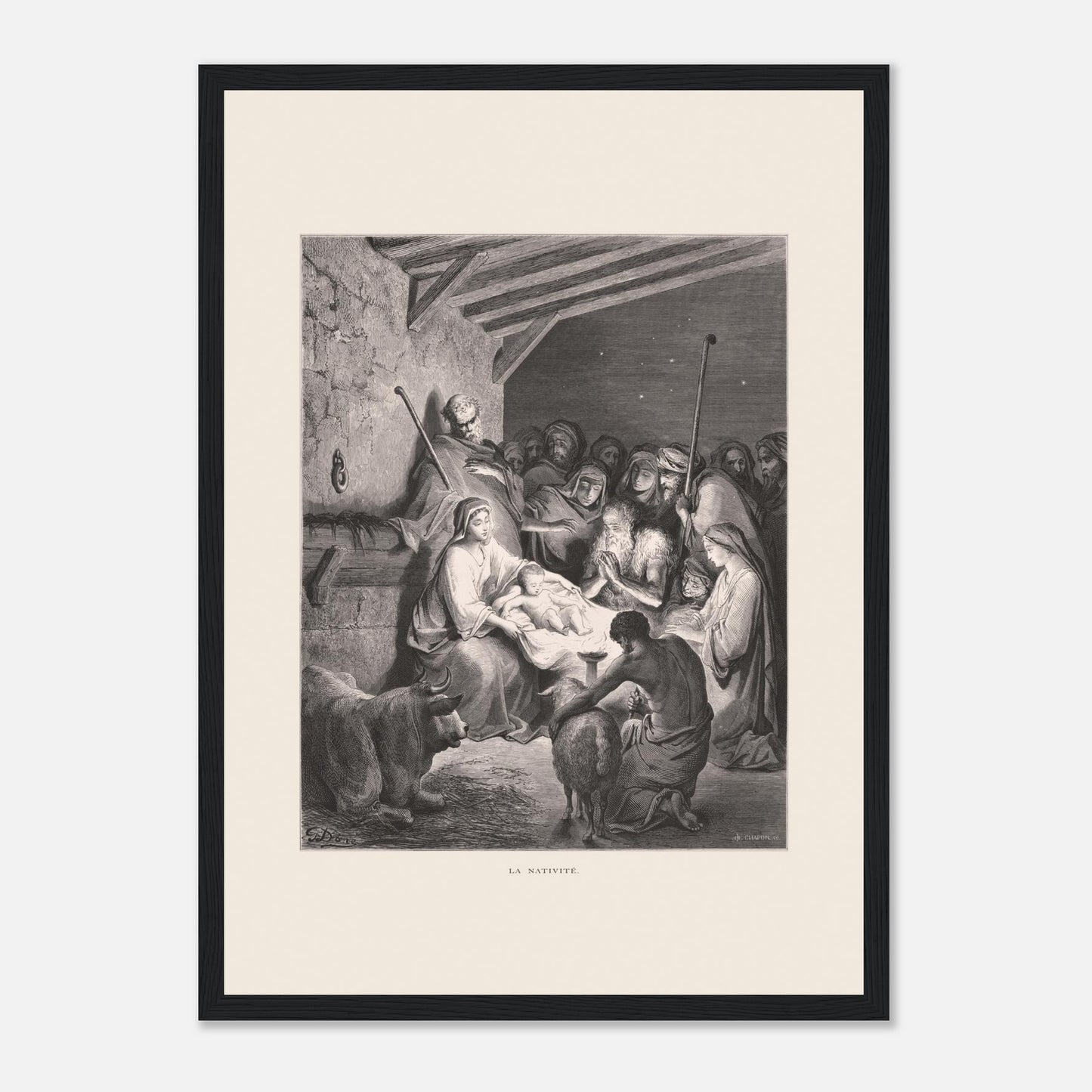 Illustration ancienne La Nativité par Gustave Doré (29,7x42 cm (A3) / Cadre noir). Gravure de Gustave Doré représentant La Nativité avec Marie, Joseph, des animaux et des anges dans une étable.