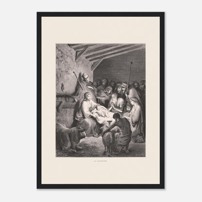 Illustration ancienne La Nativité par Gustave Doré (29,7x42 cm (A3) / Cadre noir). Gravure de Gustave Doré représentant La Nativité avec Marie, Joseph, des animaux et des anges dans une étable.