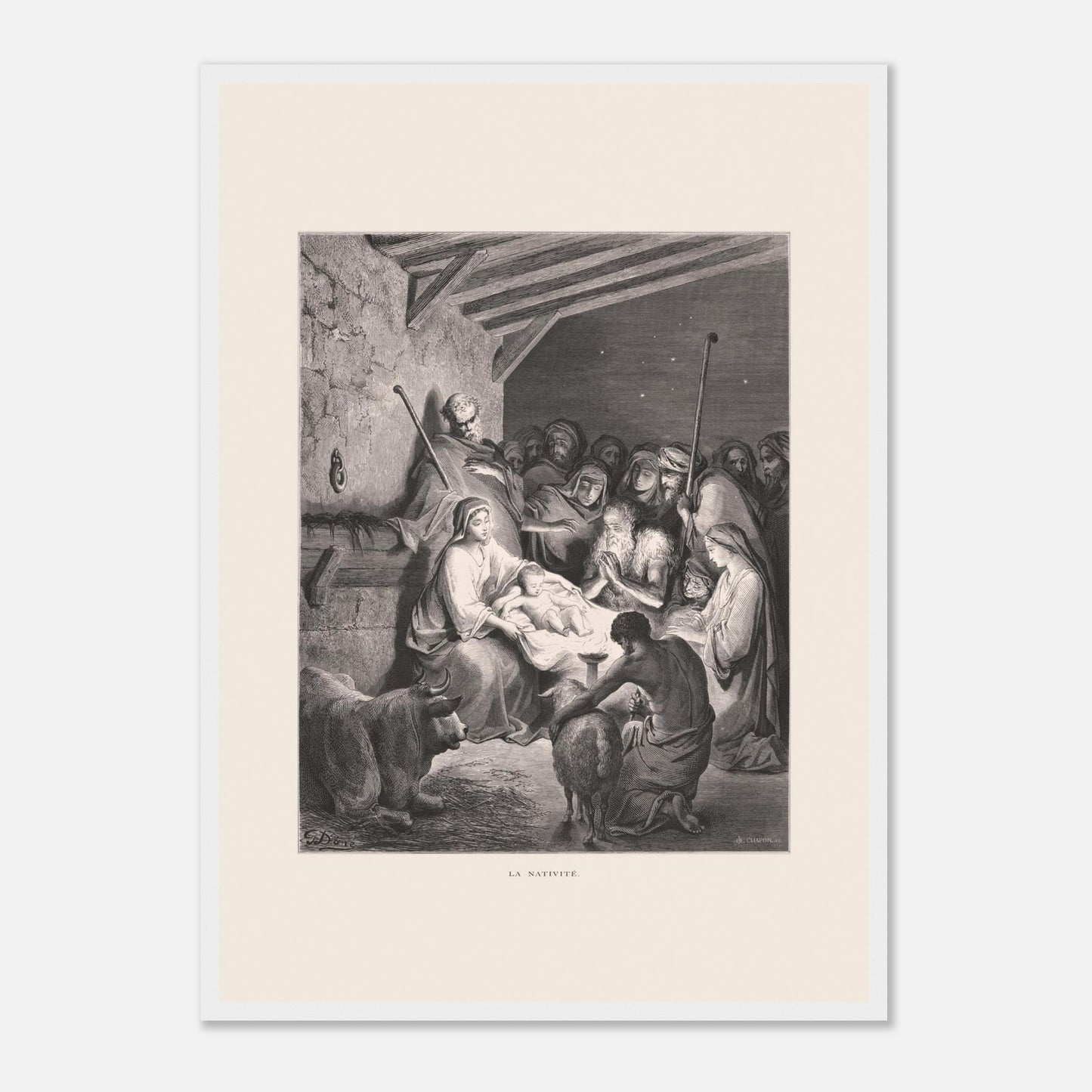 Illustration ancienne La Nativité par Gustave Doré (42x59,4 cm (A2) / Cadre blanc). Gravure de Gustave Doré représentant La Nativité avec Marie, Joseph, des animaux et des anges dans une étable.