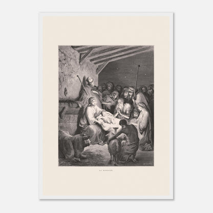 Illustration ancienne La Nativité par Gustave Doré (42x59,4 cm (A2) / Cadre blanc). Gravure de Gustave Doré représentant La Nativité avec Marie, Joseph, des animaux et des anges dans une étable.