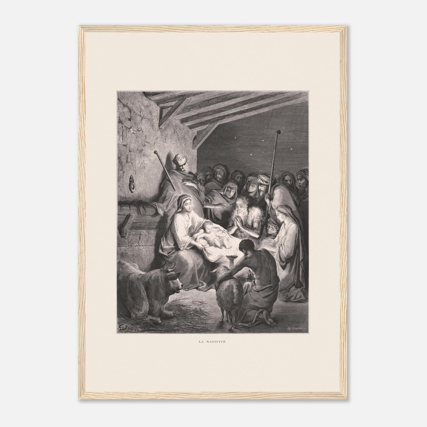 Illustration ancienne La Nativité par Gustave Doré (42x59,4 cm (A2) / Cadre bois clair). Gravure de Gustave Doré représentant La Nativité avec Marie, Joseph, des animaux et des anges dans une étable.
