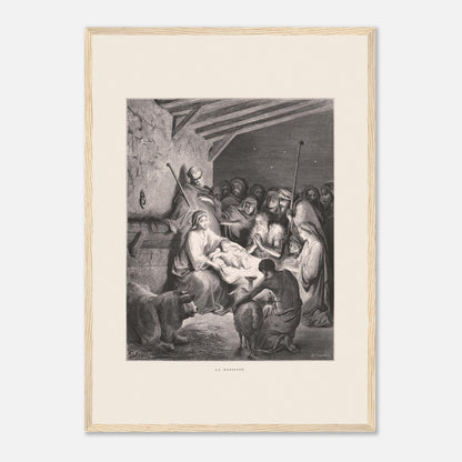 Illustration ancienne La Nativité par Gustave Doré (42x59,4 cm (A2) / Cadre bois clair). Gravure de Gustave Doré représentant La Nativité avec Marie, Joseph, des animaux et des anges dans une étable.