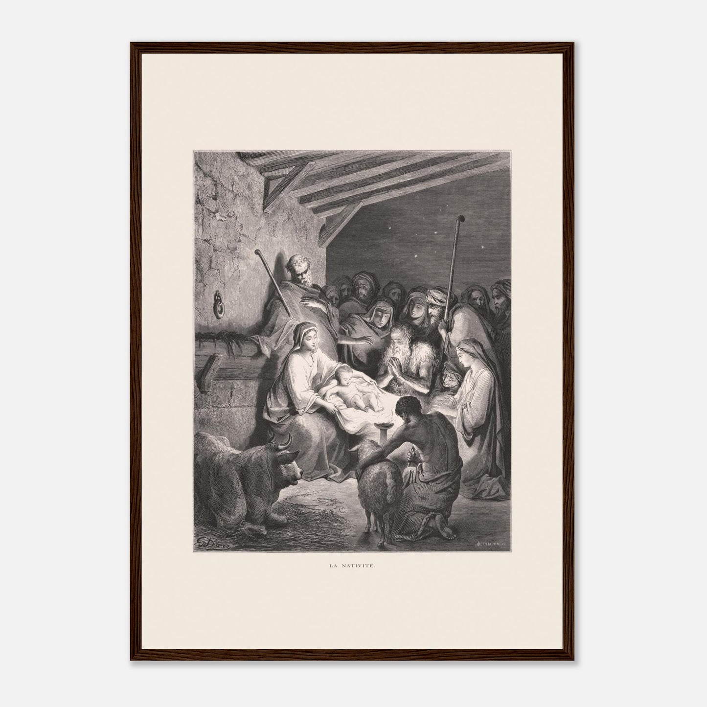 Illustration ancienne La Nativité par Gustave Doré (42x59,4 cm (A2) / Cadre bois foncé). Gravure de Gustave Doré représentant La Nativité avec Marie, Joseph, des animaux et des anges dans une étable.