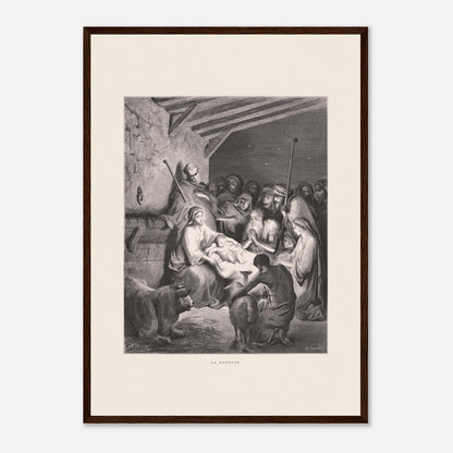 Illustration ancienne La Nativité par Gustave Doré (42x59,4 cm (A2) / Cadre bois foncé). Gravure de Gustave Doré représentant La Nativité avec Marie, Joseph, des animaux et des anges dans une étable.