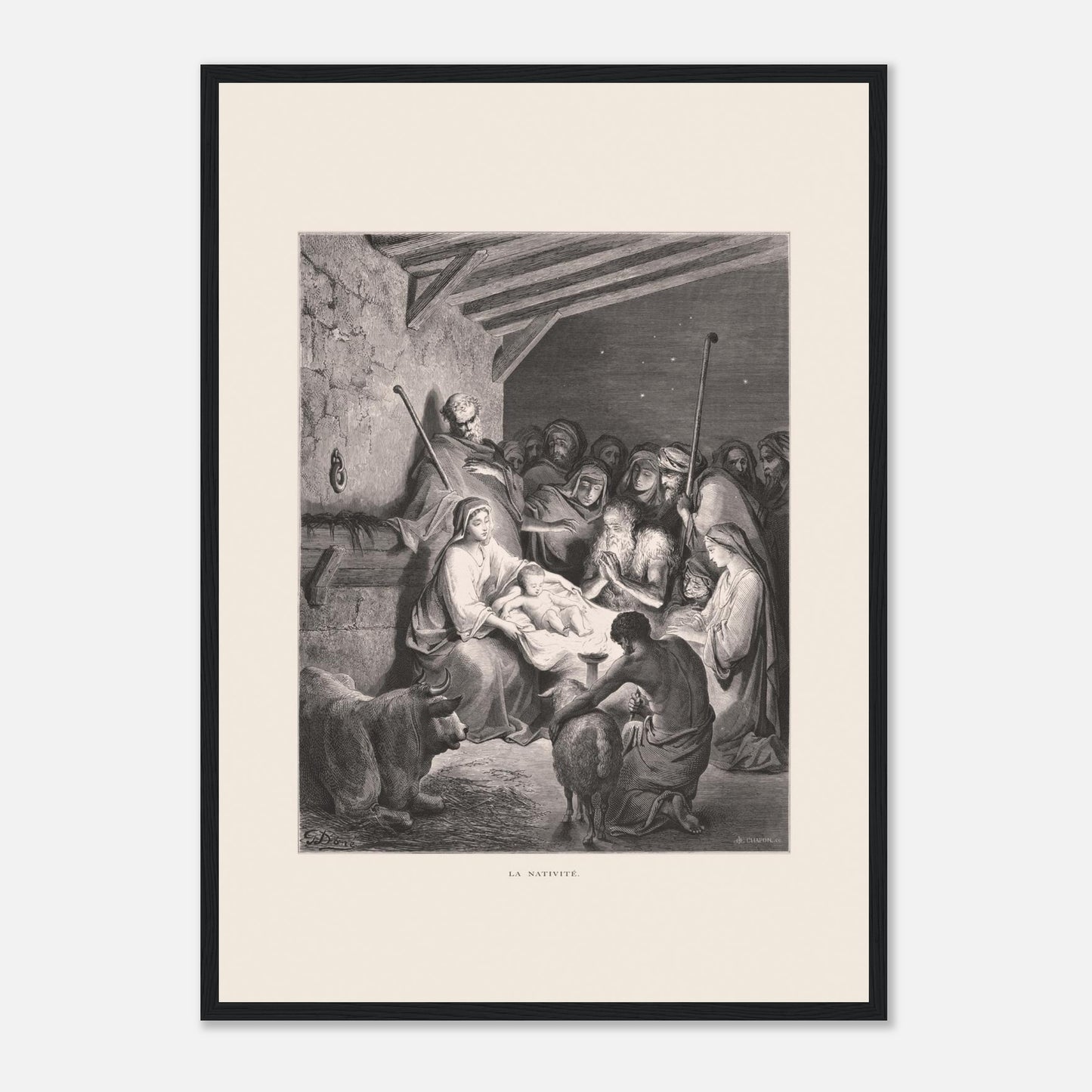 Illustration ancienne La Nativité par Gustave Doré (42x59,4 cm (A2) / Cadre noir). Gravure de Gustave Doré représentant La Nativité avec Marie, Joseph, des animaux et des anges dans une étable.